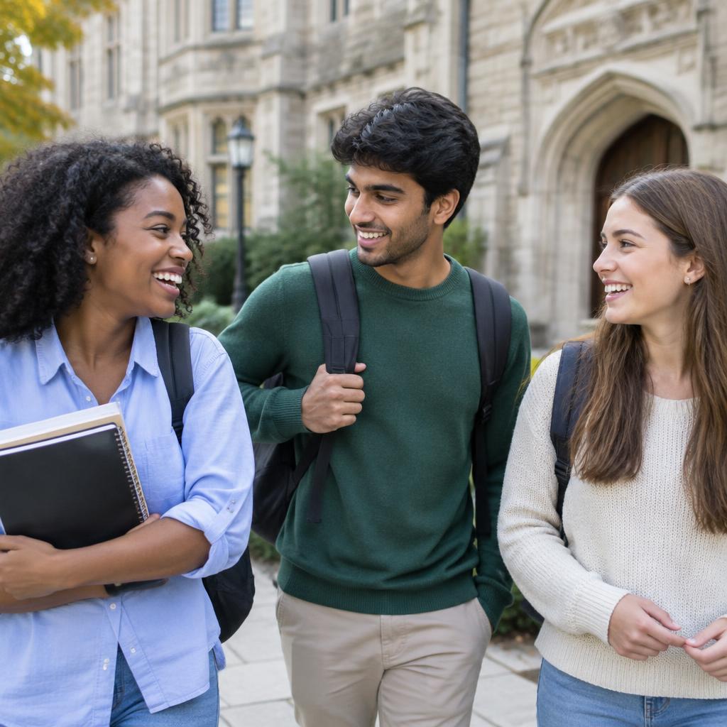 Students sharing a conversation on a university campus